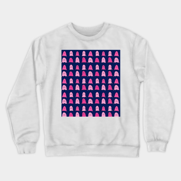 Pink Halloween Ghosts on Dark Blue Crewneck Sweatshirt by DanielleGensler